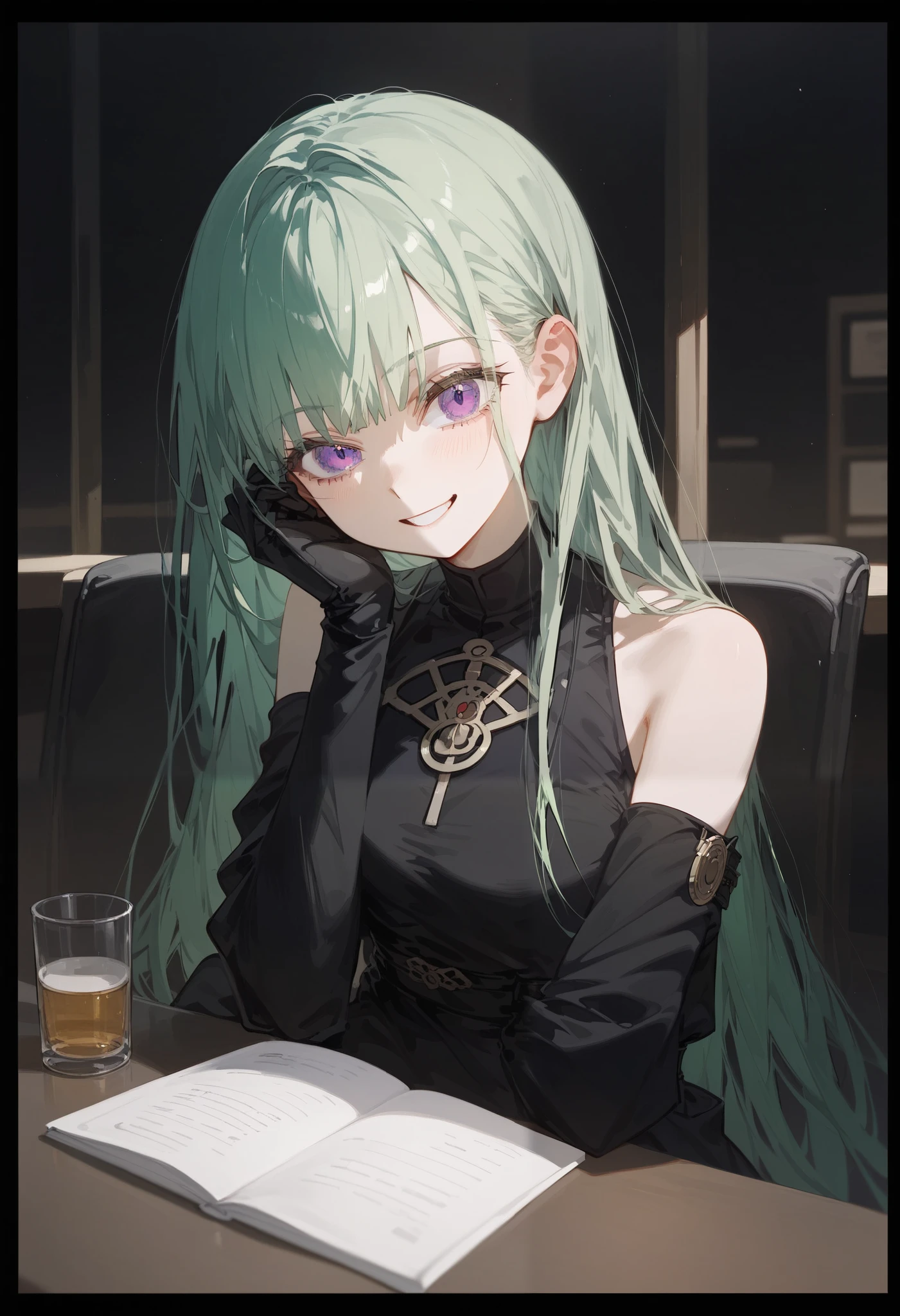 girl,, old green hair, in purple eyes,slim, Open Shoulder Dress,,beautiful,,Blue Long Ribbon,Pointed eyes , black eye border ,The joker, psychopaths , Exhaustion,Assassin, blouse open shoulders ,Fierce face, long hair,Sleeveless dress,Black Glove,Black Sleeve Bag,Dark Green Kimono,psychology,Shy,smile,Good ,laugh,Black suit,sit, in a restaurant