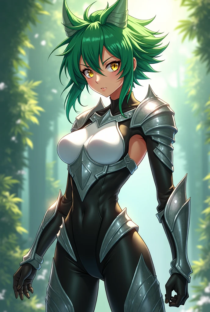 Girl, very, very short light green hair, large breasts, silver knight armor, looking at the viewer
