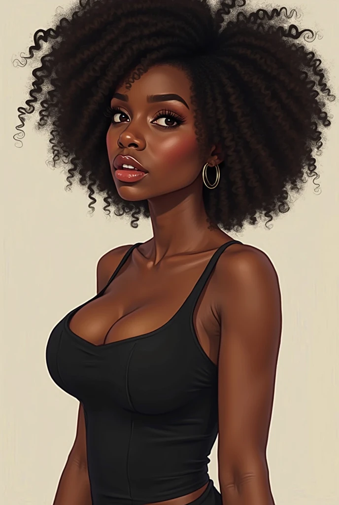 Make a black woman with curly hair tied up, that has big breasts, and that she is topless