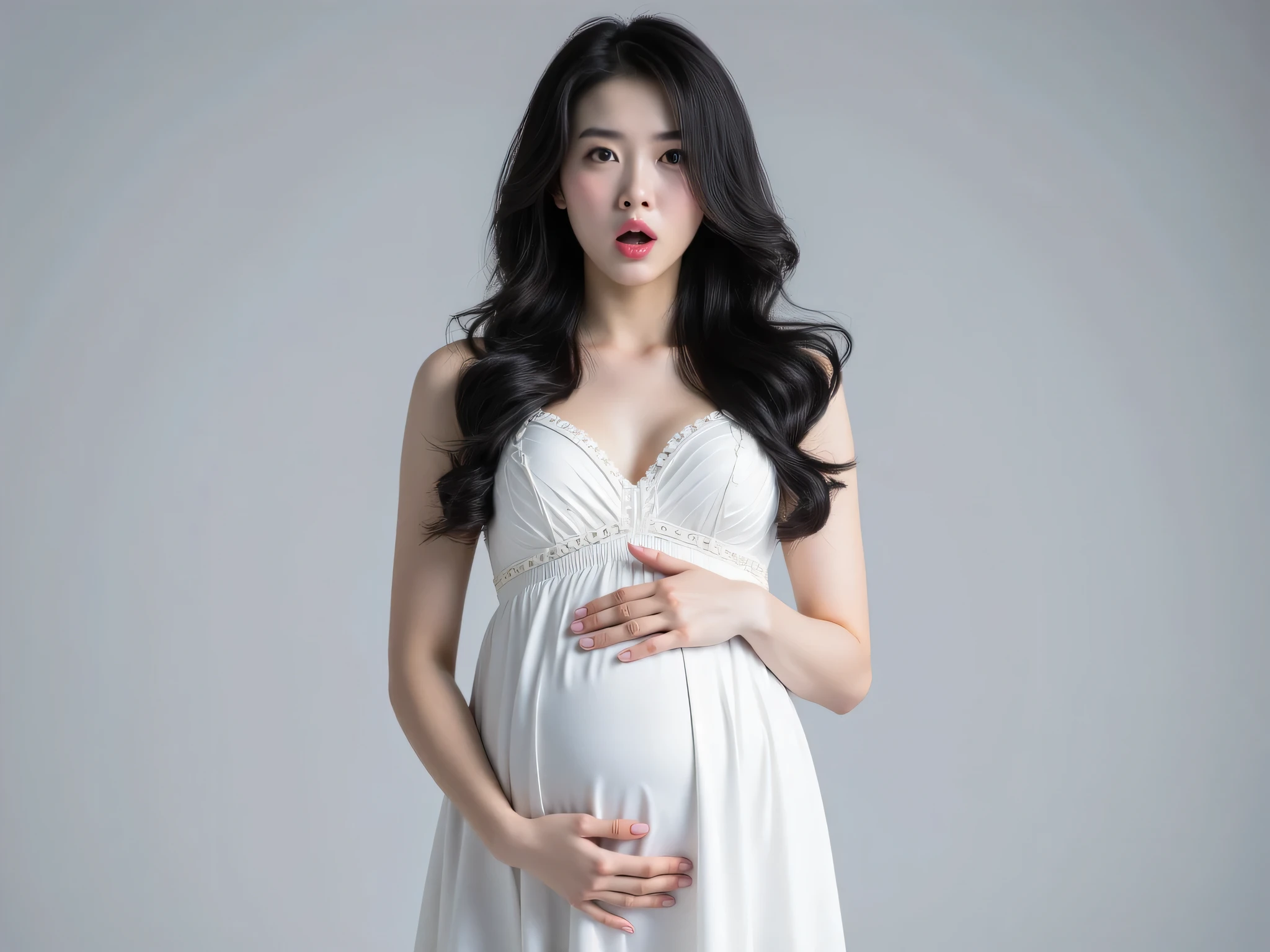 a pregnant woman in a white dress poses for a portrait, mai anh tran, white gown, full body photoshoot, cindy avelino, pregnant belly, nivanh chanthara, wearing long gown, ethereal beauty, wearing organza gown, dressed beautiful gown, in style of lam manh, pregnant, natasha tan maciej kuciara