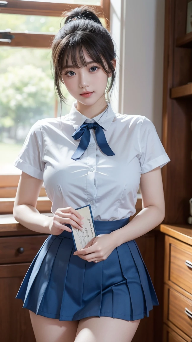 8k, best quality, real picture, intricate details, ultra-detailed, ultra highres, depth field,(photorealistic,realistic:1.2),masterpiece, 0.25 :: close-up , straight-on shot , from miiddle ,
1girl, ai_chan, an extremely beautiful 17-year-old girl, innocent big eyes, (Brown_SHORT_hair), (GREEN_eyes:1.0),(bangs),disheveled hair,(hairclip), perfect shiny skin, flawless skin, fair skin, huge breasts, cleavage, narrow waist, light blush, solo, looking at viewer, light smile,
chubby under clothes, sweat,
wearing ((school_uniform), (white_skirt),(BLUE_Long_Tie), (BLUE_pleated_skirt), (Black_pantyhose) :1.2),
(gravure pose :1.1),
sunset ,
high school in Japan ,