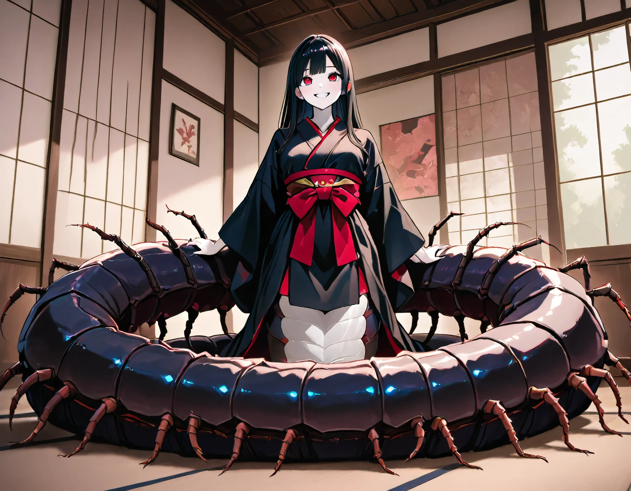 Lamia style girl. Fusion with a centipede. Black centipede body. Red insect legs. giant. Black costume. Japanese kimono dress. Red eyes. Black hair. Straight hair. Neat bangs. Grin. White skin. Japanese house. Indoors. look up.