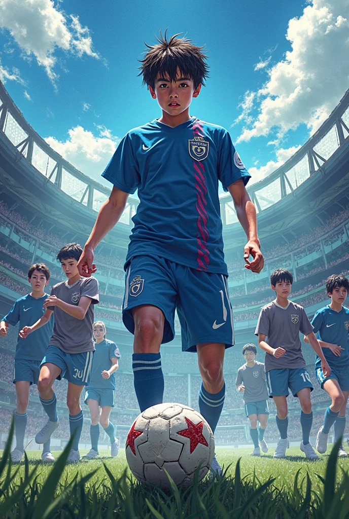 Happy and full of smiles,Children playing soccer,Handsome,Asian boys,Poster composition,on a football field,During the competition,Outdoors