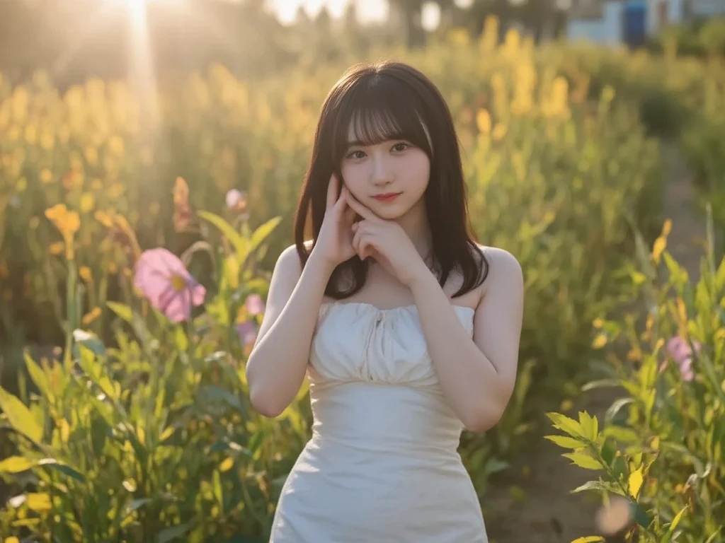 Japan 30-year-old women、Long black hair、She is wearing a refreshing summer dress that shows off her attractive body line.。Create a figure in a bright meadow。