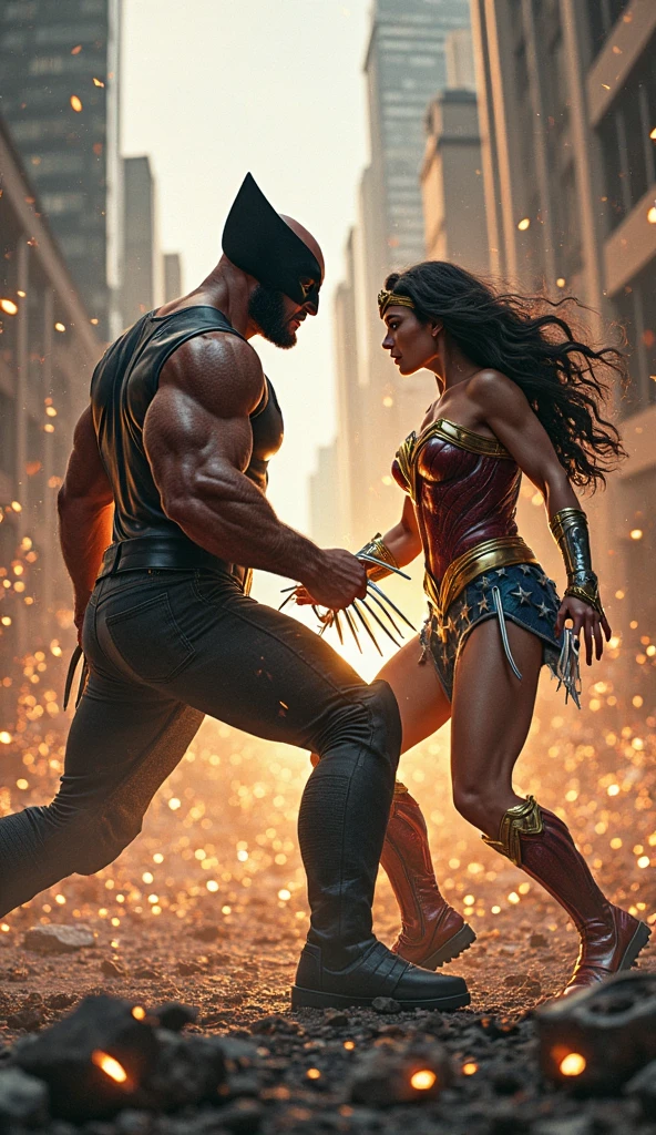 "Create an ultra-high-quality, realistic close-up scene of Wolverine brutally overpowering Wonder Woman in a violent, intense battle. Wolverine, in his classic yellow and blue suit, is shown with bloodied claws, fiercely slashing through Wonder Woman's armor. Wonder Woman, in her iconic armor, is depicted in a state of struggle and pain, with visible wounds and her face contorted in agony. The battlefield around them is littered with debris, smoke, and bloodstains. The lighting is harsh, casting deep shadows and highlighting the raw violence of the scene. Focus on the brutal details, such as the blood splatter, torn flesh, and the fierce expressions on both characters' faces, making the moment feel visceral and impactful."