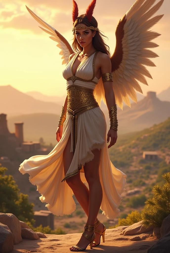 Realistic photo of a Goddess Nemesis (solitary), (Beautiful woman), (looking at camera), (Winged angel woman), (big winged), (winged angel), (European woman, 30 years old), gorgeous goddess, deity, (pale skin), (Dark brown hair), (Curly hair), (She wears a white Greek tunic), (Sword in hand), ((masterpiece)). Professional photo, waist up photo, ultra sharp focus on the woman. RAW analog photography, 80mm f2.8 lens, sunny day lighting, inside Greek temple backdrop, masterpiece, best quality, ultra detailed, 8k, intricate details, minute details , details depiction, realistics details, 3D rendering --ar 4:3  -imagine --lora --lyriel --semi-realistic --auto --s2