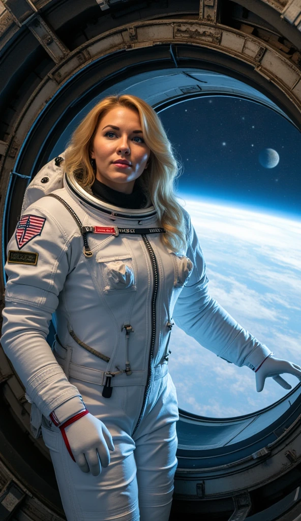 beautiful blond woman, futuristic astronaut suit, staring at camera, alien planet background, medium shot