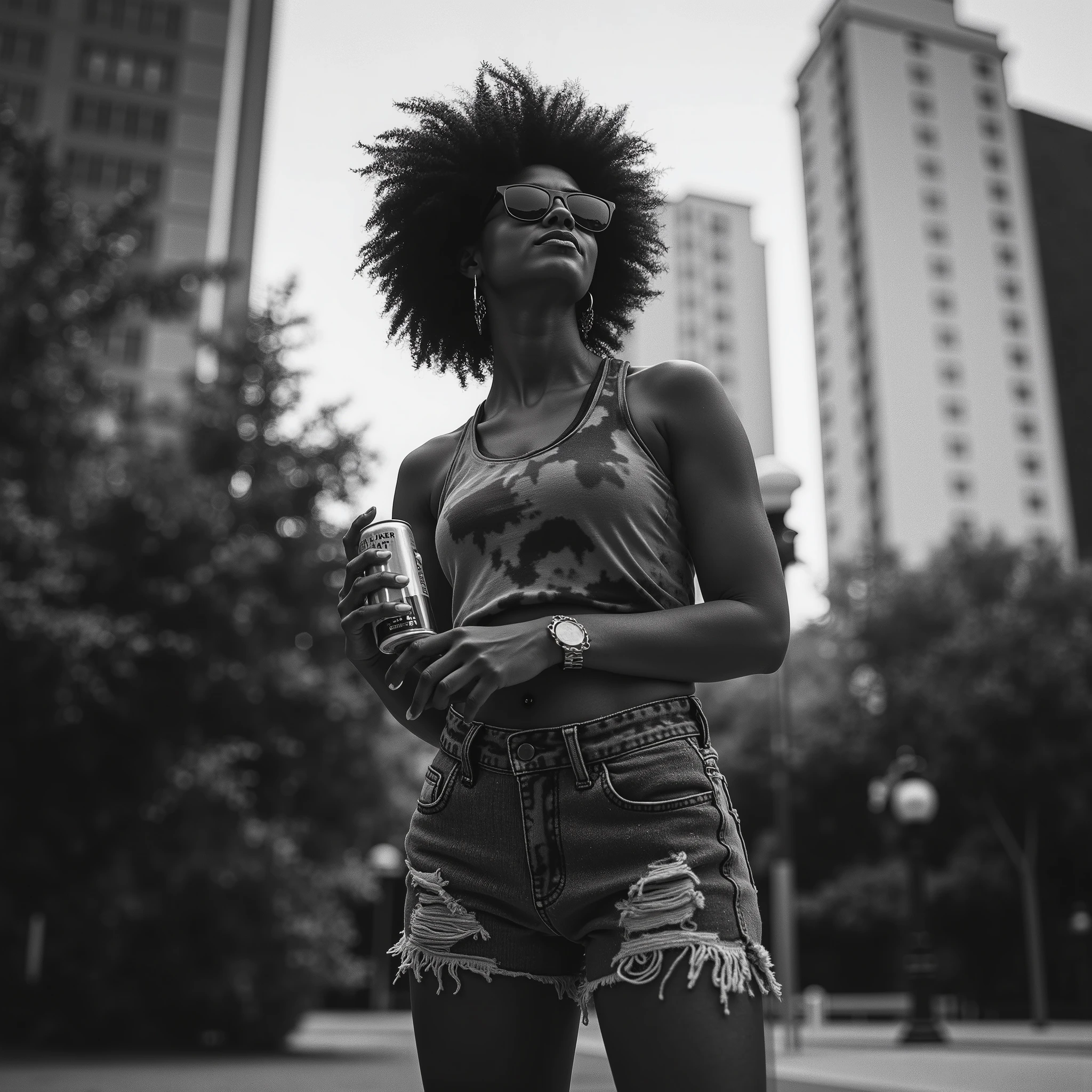 professional photographic shot of a fit woman with short, curly hair and medium brown skin, her face glistening with sweat under the summer sun. She is wearing a multicolored tie-dye tank top and ripped denim shorts, along with dark sunglasses. Captured from a low-angle shot (contra-plongée), she confidently holds a soda can in one hand. The background blends an urban park setting, featuring both lush trees and towering city buildings. The image is in high-contrast black and white with deep grayscale tones, raw texture, and intense sunlight streaming through, creating a dynamic interplay of shadows and highlights. The atmosphere conveys the heat of a bright summer day, emphasizing her strong and vibrant presence.