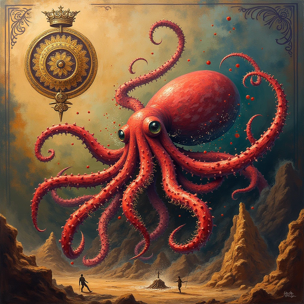 giant octopus lay on old couch, multi many eyes, fractal tint tentacles, smooth shiny colorfully skin, lots of stuffed gems and various clutter and mess in background, intricate, highly detailed