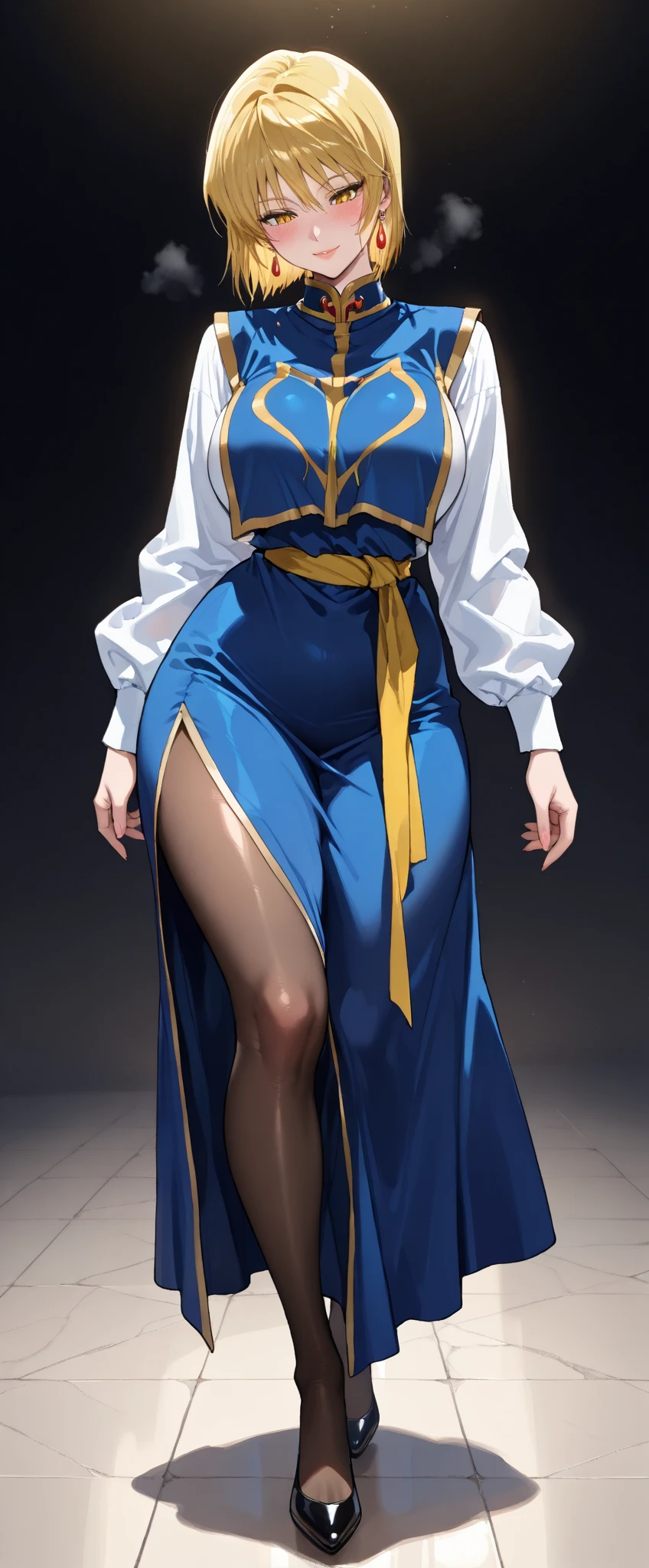 ( best quality , 8k , masterpiece , incredibly absurdres , beautiful woman , perfect body , super detailed skin , highly detailed eyes and face ),( best quality , 8k , masterpiece , incredibly absurdres , beautiful woman , perfect body , super detailed skin , highly detailed eyes and face ) ,,rom below, looking down, head tilt, light smile, half-closed eyes, blush, beautiful shiny lips, full body,  (best quality,4k,8k,highres,masterpiece:1.2),ultra-detailed,intricate details, high fashion, dramatic lighting, warm colors, chiaroscuro, beautiful eyes,long eyelashes, fleshy lips, large_breasts, mature_female, blush,huge_breasts, MILF, bob hair, japanese,  stunning,stylish, perfect breasts,large )), fit,pale skin,seductive face, turn red,Kurapika, blonde hair, long legs, very , long , saggy breasts,masterpiece, Muscular、(sexy)、Sweaty,Anime-style painting style,(shiny oiled skin),earrings glossy lips,   lips, (focus on woman), loose clothing,simple clothess, blue tabard, ((gold trim)), white shirt, long sleeves, puffy skirt, blue skirt,gold  gold piping on skirt, knee length skirt,((Skirt and tabard are the same color)),((simple yellow wide waist belt),gold tarim on the edge of the skirt,Brown tights,scarlet eyes,A dimly lit bedroom