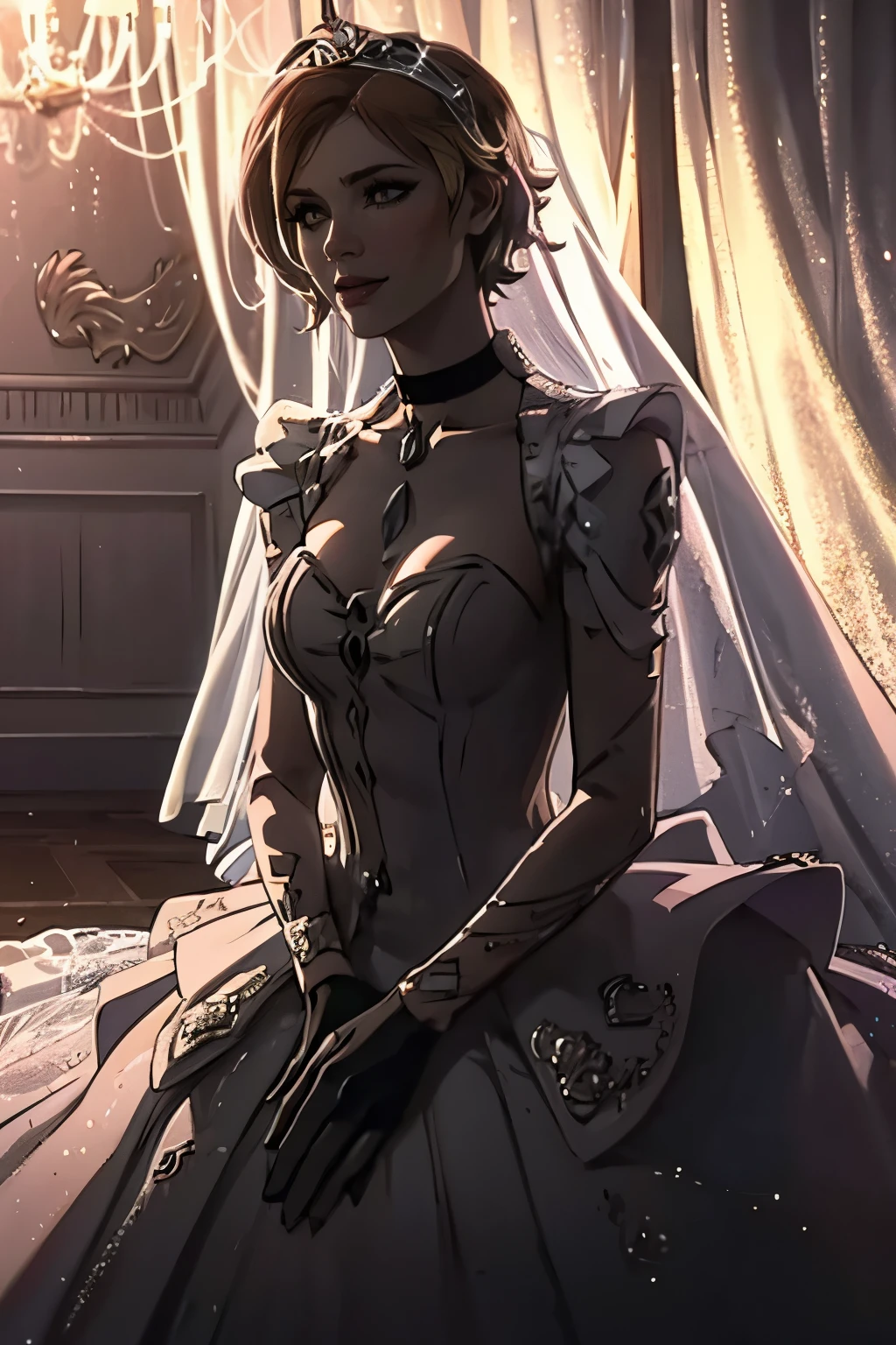 Lilith Borderlands,  hair between eyes, ahoge, blonde hair, star \(symbol\), hair ornament, ruffled tulle dress, cleavage, bare shoulders, collarbone, long black elbow gloves, black gloves, black dress, black choker, strapless, tiara, veil, strapless dress, princess dress, veil, beautiful woman, perfect body, perfect breasts, wearing a princess dress, ball gown, in the park trees, wedding decorations, a warm smile, realism, masterpiece, textured skin, super detail, high detail, high quality, best quality, 1080p, 16k