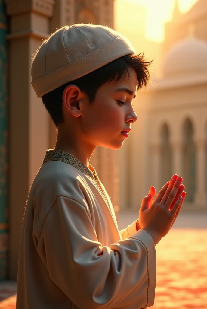muslim boy,raise up palm hands opposite the shoulders,side angle