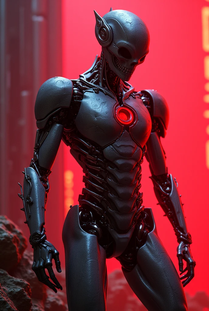Kizi. cyborg. Eyes red. background red. Grinning