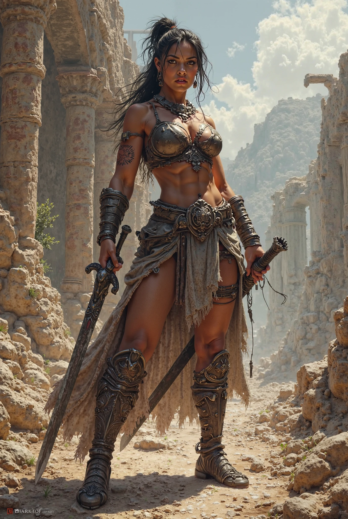 a woman with a sword and a skull, rpg character art, rpg portrait full body, d & d style full body portrait, fantasy d&d character, north adult female warrior, from pathfinder, intricate details, highly detailed, 8k, hyperrealistic, cinematic lighting, dramatic lighting, moody atmosphere, warm colors, vibrant colors, cinematic composition, heroic pose, powerful expression, deadly elegance, masterpiece