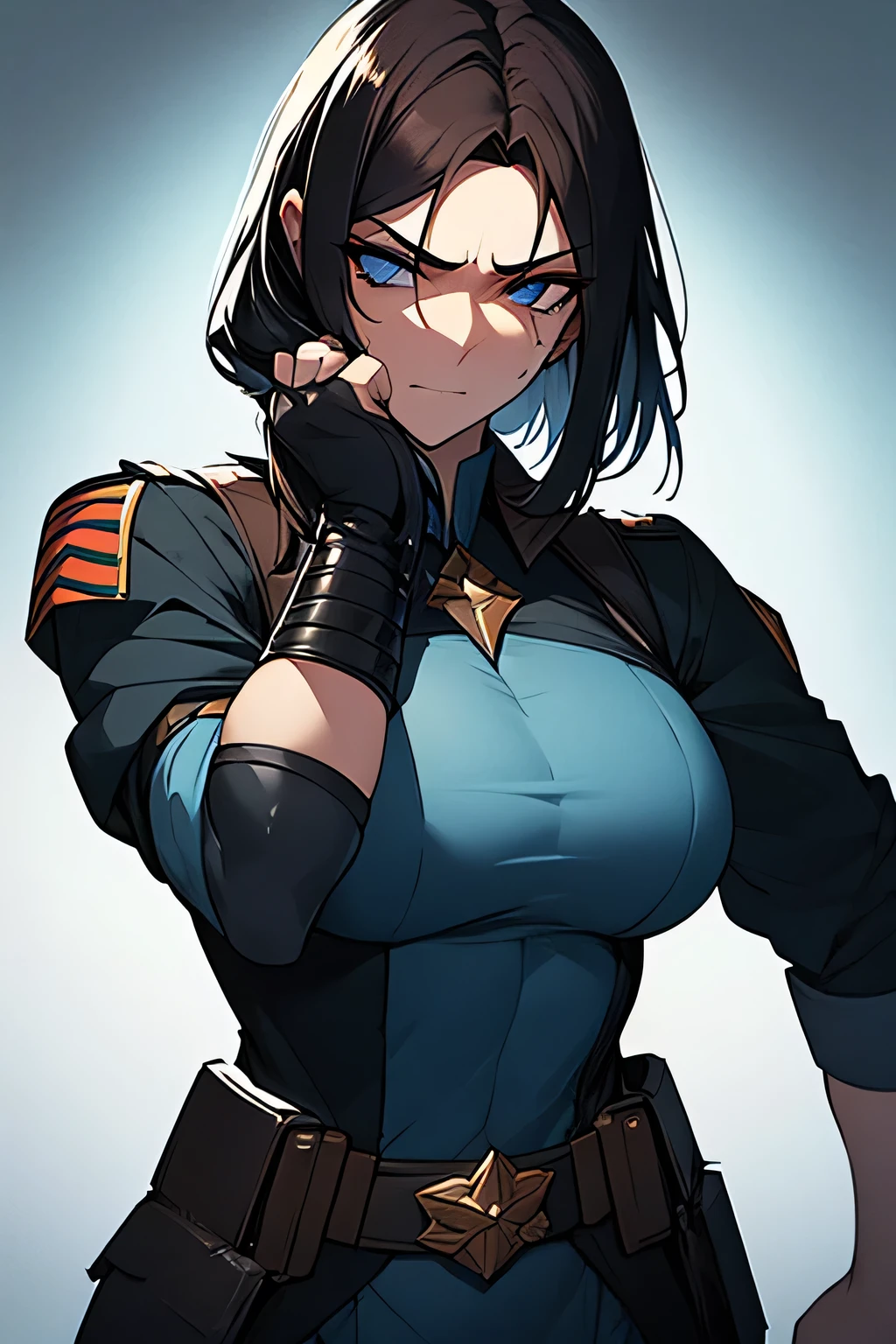 joyful saluting gesture saluting gesture black hair yellow eyes pale skin muscular girl massive breasts military uniform