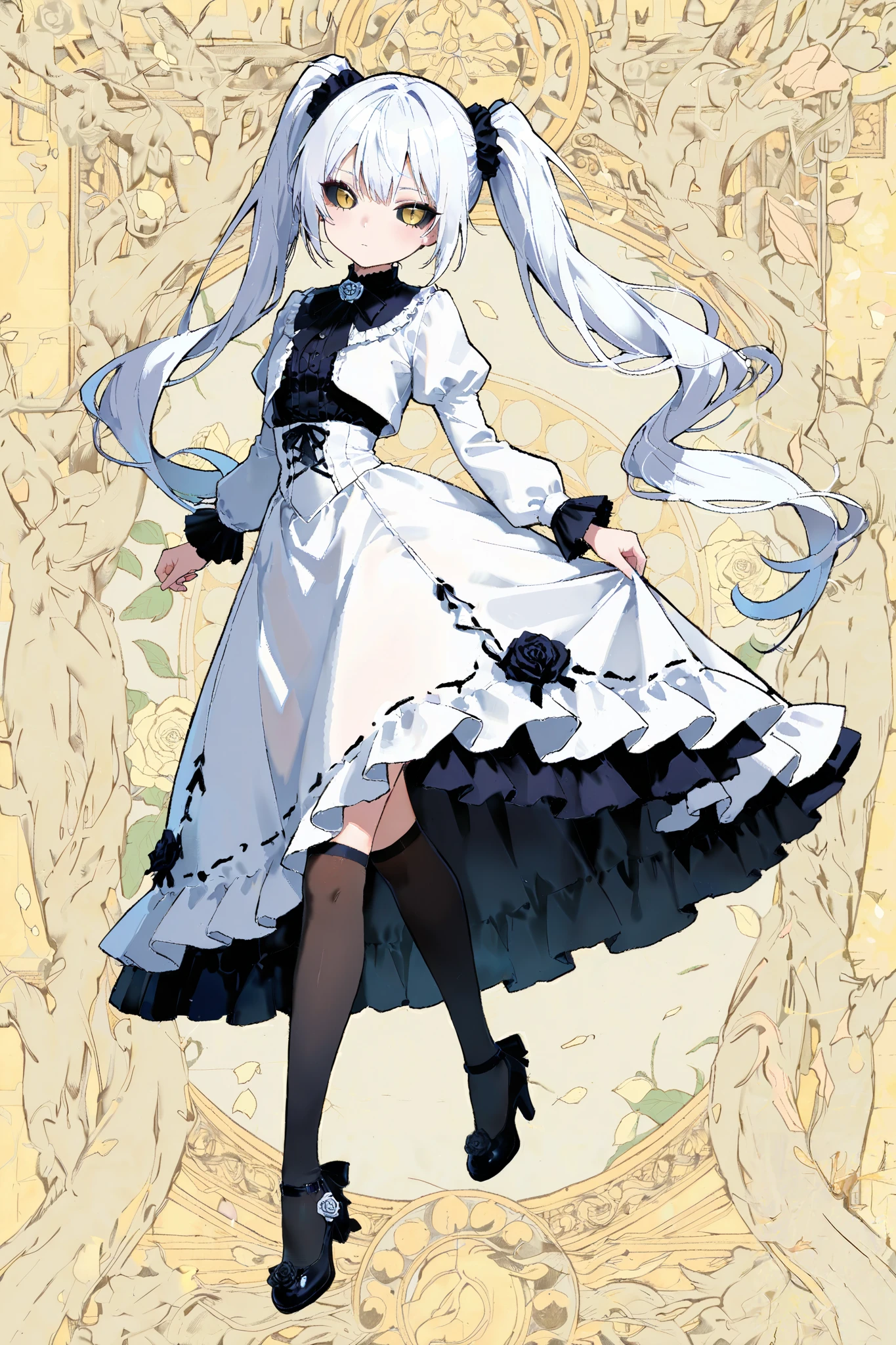(masterpiece 1.2), best quality, artwork, intricate details, very aesthetic, absurdres, 4K, 8K, top on pixiv, ultra detailed, amazing quality, detailed style, {{{{lineart, abstract background, floral background, rose, year 2023, amazing quality, very aesthetic, absurdres}}}}, 1girl, white hair, Very long hair, twintails, black scrunchie, golden eyes, black sclera, expressionless, long dress, white dress, cleaveage, ample bosom, narrow waist, thighhighs, long socks, black socks, high heels, dynamic pose, gothic lolita, BREAK dynamic angle