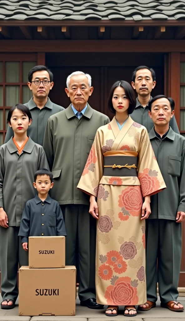 数世代にわたる日本の家族が家の外に立っている, 着物姿の若い女性が前景で目立って描かれている, 伝統と家系のテーマを示唆している ...