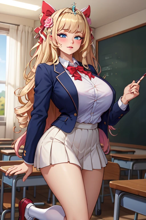 Hot student wearing school uniform in class, glasses, braided hair, large breasts, cleavage, thick and muscular leg, depth of field, cinematic lighting, anatomically correct, high detail, UHD