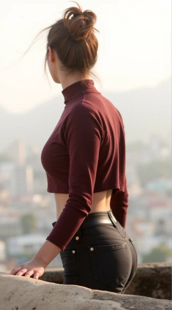 best quality, masterpiece, highres, volumetric lighting, 1girl, solo, {45 years old, (milf:1.3), black hair, (tomboy:1.2), (very short hair:1.3), side shave, asymmetrical hair, red eyes, small breasts}