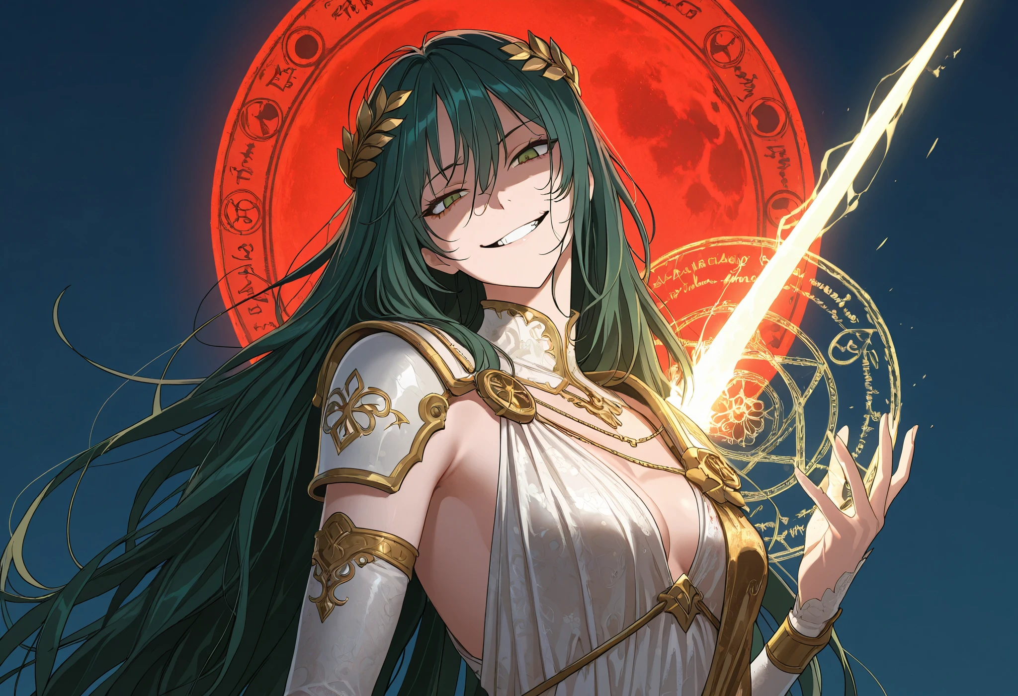 (upper body shot, close up shot, solo:1.0), extremely detailed, detailed background,magic circle,magic array, detailxl, Anime illustration, detailed anime artstyle, cinematic, volumetric lighting, clear sky, massive magical aura, moonlight, cold light, colorful, light reflection, (head tilt, looking over her shoulder, teasing, death glare, death stare, flirty, romantic, french, royalty, sultry:1.0), (glaring at viewer, side eye, looking at viewer, head tilted upwards:0.97), (1girl:1.08), mature, chaos warrior, adolescent, detailed skin, extremely detailed eyes, dynamic pose, aura swords, armor, green hair, very long hair, messy hair, hair flowing in the wind, green eyes, golden eyes, long hair, crazy smile, yandere, gesugao, tsurime, (uniform, royal assassin, magical warrior, white royal dress, white armor, delicate clothes, royal ornate greek dress, black and gold trimming, black and gold lining:1.13), laurel crown, (assassin french dress, blood stained clothes:1.2), bloody sun, red sun, warrioress, goddess, god of war, bringer of destruction, small breasts, magic, wielding magic,
