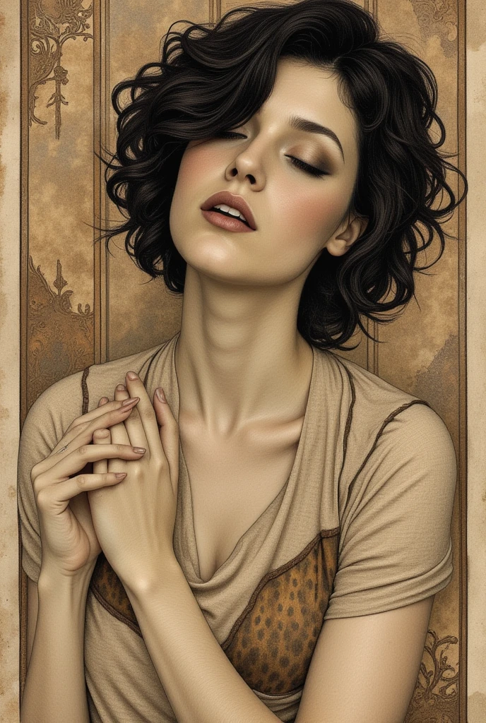 A beautiful young woman with dark hair. It's a beautiful pose.Anatomically correct beautiful hands.An Art Nouveau image. The picturesque style of the Silver Age era.  Sepia. Aged paper. Stylized image.