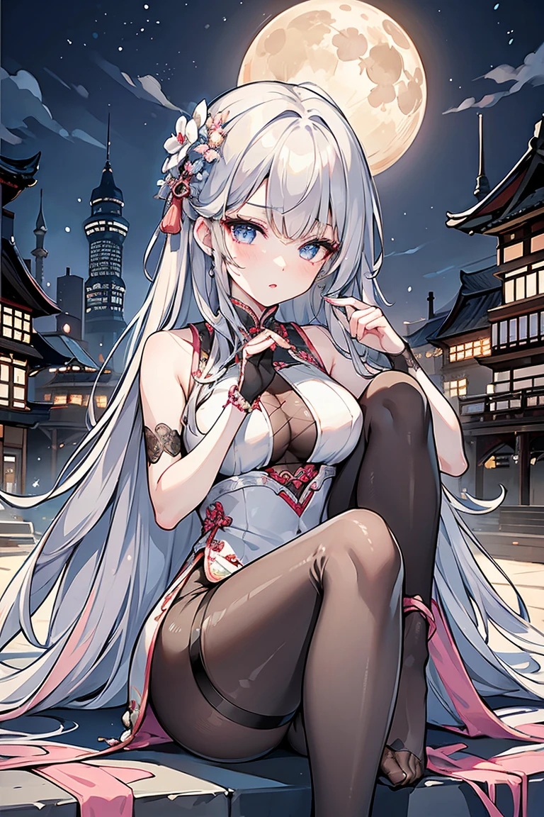 Long silver hair, Smile Torii Sexy
, black ninja, full moon, purple eyes, white horns salute