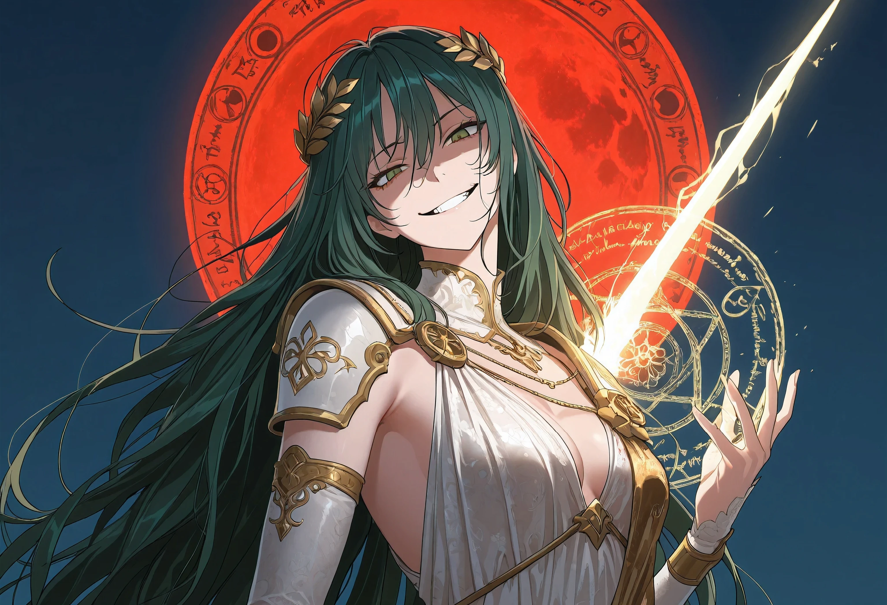 (upper body shot, close up shot, solo:1.0), extremely detailed, detailed background,magic circle,magic array, detailxl, Anime illustration, detailed anime artstyle, cinematic, volumetric lighting, clear sky, massive magical aura, moonlight, cold light, colorful, light reflection, (head tilt, looking over her shoulder, teasing, death glare, death stare, flirty, romantic, french, royalty, sultry:1.0), (glaring at viewer, side eye, looking at viewer, head tilted upwards:0.97), (1girl:1.08), mature, chaos warrior, adolescent, detailed skin, extremely detailed eyes, dynamic pose, aura swords, armor, green hair, very long hair, messy hair, hair flowing in the wind, green eyes, golden eyes, long hair, crazy smile, yandere, gesugao, tsurime, (uniform, royal assassin, magical warrior, white royal dress, white armor, delicate clothes, royal ornate greek dress, black and gold trimming, black and gold lining:1.13), laurel crown, (assassin french dress, blood stained clothes:1.2), bloody sun, red sun, warrioress, goddess, god of war, bringer of destruction, small breasts, magic, wielding magic,
