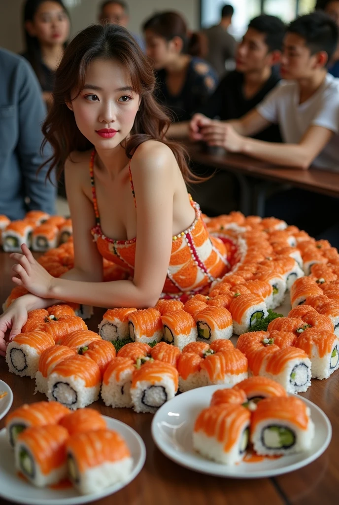(Girl lying on her back on a table:1.3), Wearing a bikini, (There is so much sushi that you can't eat it all.、Placed directly on her body, The number of sushi decorated all over the body々:1.8), (highest quality:1.4), (super high quality), Professional photography, Cinema Lighting, (Highly detailed beautiful face), Great face and eyes, (View from above:1.3),