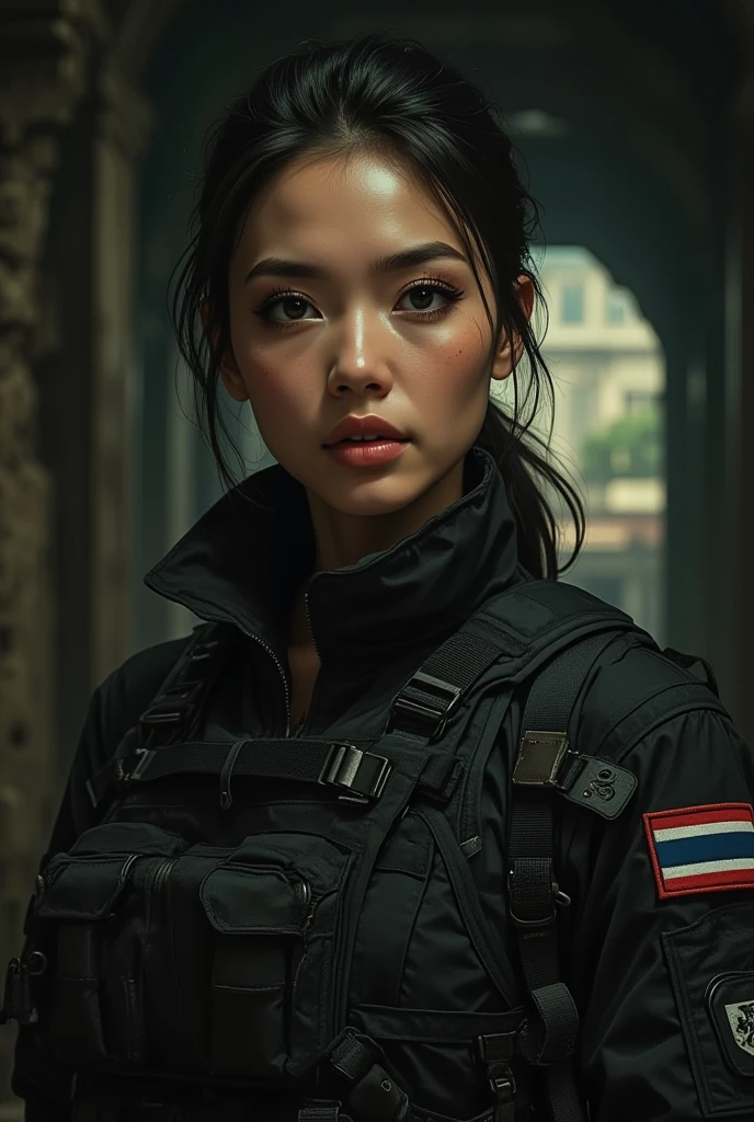 (best quality), (high detail), (vivid colors), (tactical style), (tactical), (Close up), (1girl), sexy militant woman with a assault rifle, leaning against a damaged wall with bullet holes in it, HDR, 4K, 3D, graffiti art style.