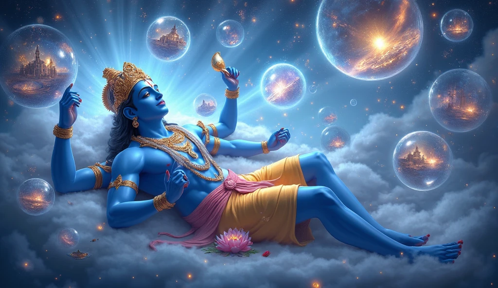 high quality, 8K Ultra HD, Create a highly detailed and vivid depiction 3d of Vishnu reclining on the serpent Adishesha, floating on the cosmic ocean. Vishnu is portrayed with blue skin, adorned in golden garments and jewelry, with a peaceful expression. The multi-headed serpent coils beneath him, while above him, Brahma, the four-faced deity, emerges from a lotus growing from Vishnu's navel. Surrounding them are celestial beings, floating islands, and a cosmic background filled with stars, planets, and ethereal light. The scene should be vibrant, mystical, and filled with intricate patterns, reflecting the grandeur and divinity of the Hindu gods."
This prompt captures the essence and details of the image, emphasizing the divine and cosmic elements.