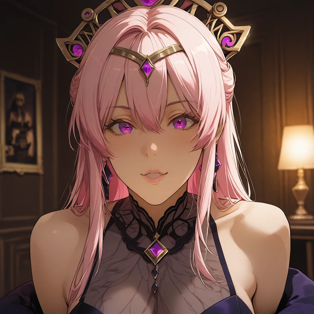 (masterpiece, best quality), intricate details, thin, ((slim)), beautiful girl, Light pink hair, white skin, light purple eyes, sharp jawline, cropped jacket, messy hair, plump lips, upper body, close up, smirk