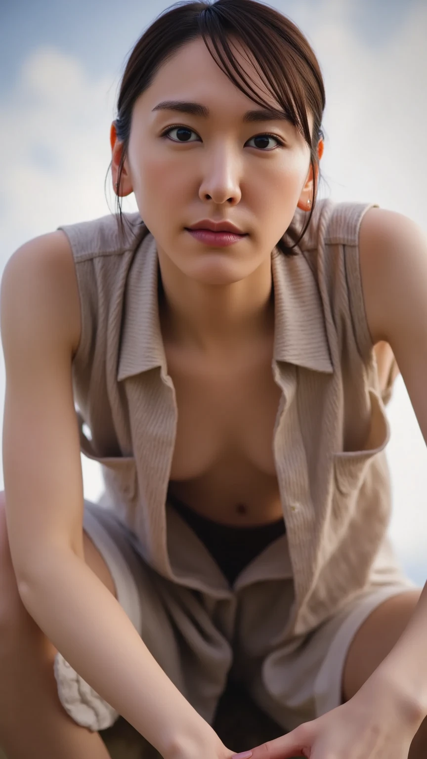  naked body, sitting, open legs, you can see his genitals, I was full,  1 girl, aquamarine eyes, baseball cap, by rubio, Closed mouth, earrings, green background, has, hoop earrings, jewelry, looking at the viewer, shirt, short hair, simple background, Alone, Upper part of the body, yellow shirt ,