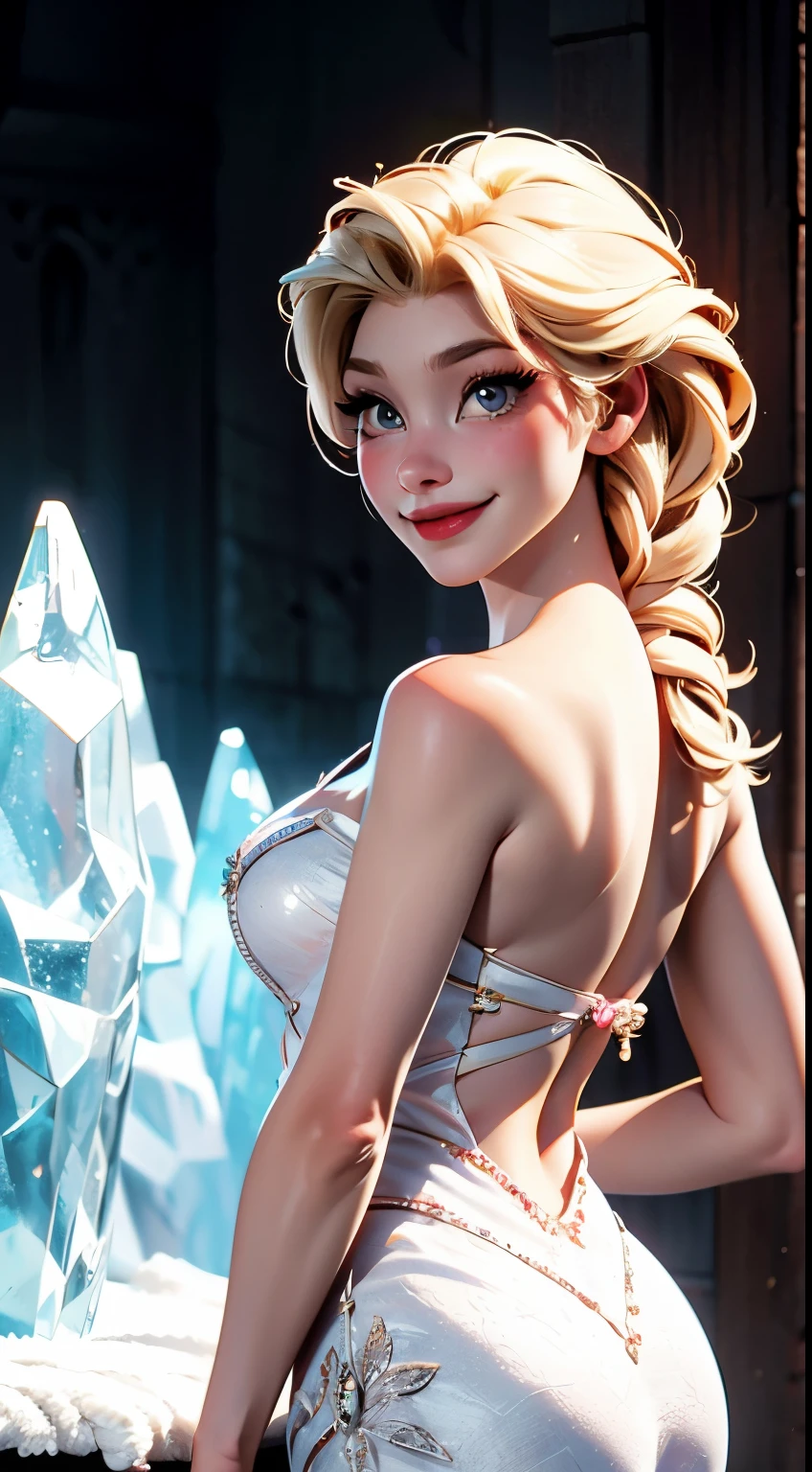 Envision Elsa in a graceful pose,  crystal chest  chest Elsa, cute smile, serious and cute smile, beautiful elsa, ,  her back partially arched, showcasing the elegance of her Blue Diamond (Crystal) Dress from Frozen. This scene is inspired by the LORA Model Elsa, capturing the beauty of a realistic animated 3D representation. The image is a partial back arch, chest up, highlighting the intricate details of Elsa's dress and the regal posture of the Frozen queen. With lifelike realism, Elsa's expression and pose convey a sense of enchantment and grace,