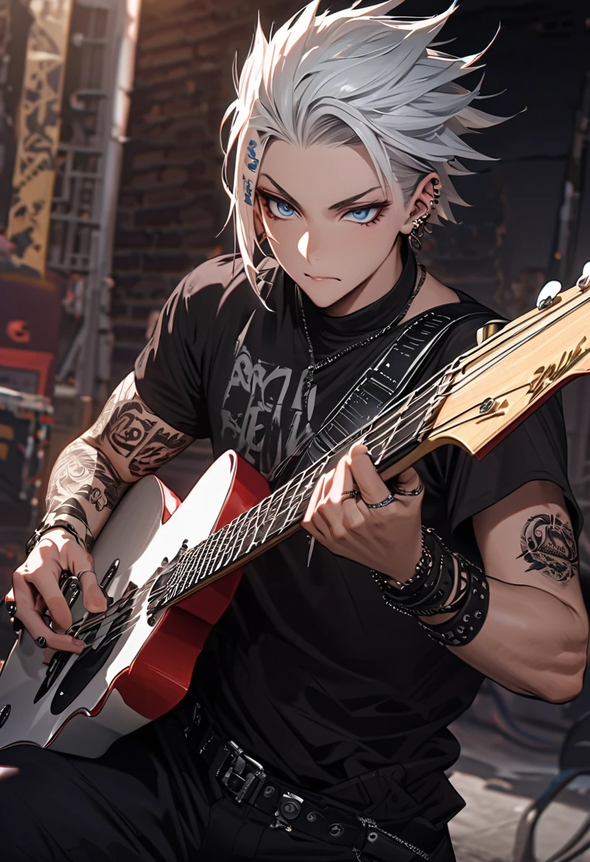 1 male, high resolution 8k, adult, handsome, perfect face detail, detailed eyes and face, clean shaved, sixpack realistic, white eyebrow hair, white eyelashes, dynamic lighting, unreal engine, hd picture, satoru gojo, Jujutsu kaisen, white hair, short hair ,hair between eyes ,blue eyes, white skin, chain necklace, Bring a guitar, band stage background, Leather pants