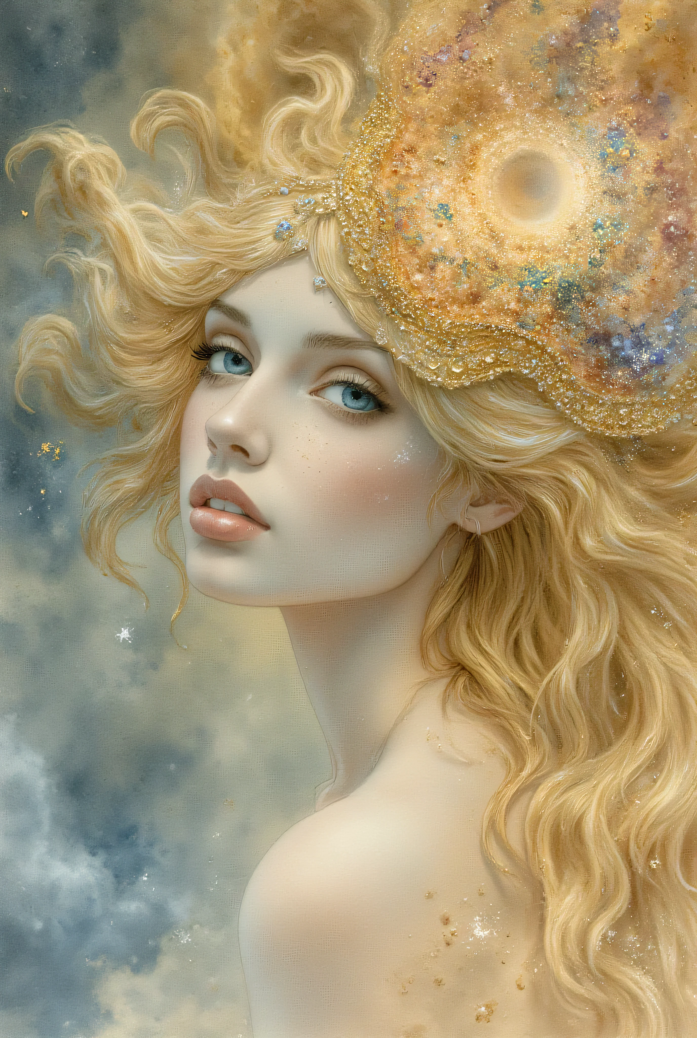 A surreal portrait of a woman with flowing, ethereal blonde hair, where her delicate features are softly blended in dreamy watercolor tones, creating a luminous and almost translucent effect on her skin. Her eyes are deep and expressive, hinting at an otherworldly serenity. Her hair, in contrast, transforms into an intricate, swirling cascade of pointillist dots, forming mesmerizing patterns that seem to float around her like a celestial aura. The dots shift in hues of deep indigo, gold, and soft pastels, creating a sense of movement and energy. The composition is inspired by the elegant, ornamental style of Luis Royo, with Art Nouveau elements delicately framing the portrait, while the impressionistic influence of Henri Martin is reflected in the luminous textures and soft blending of colors. The background is a hazy dreamscape, fading into misty, abstract shapes that complement the ethereal nature of the piece.