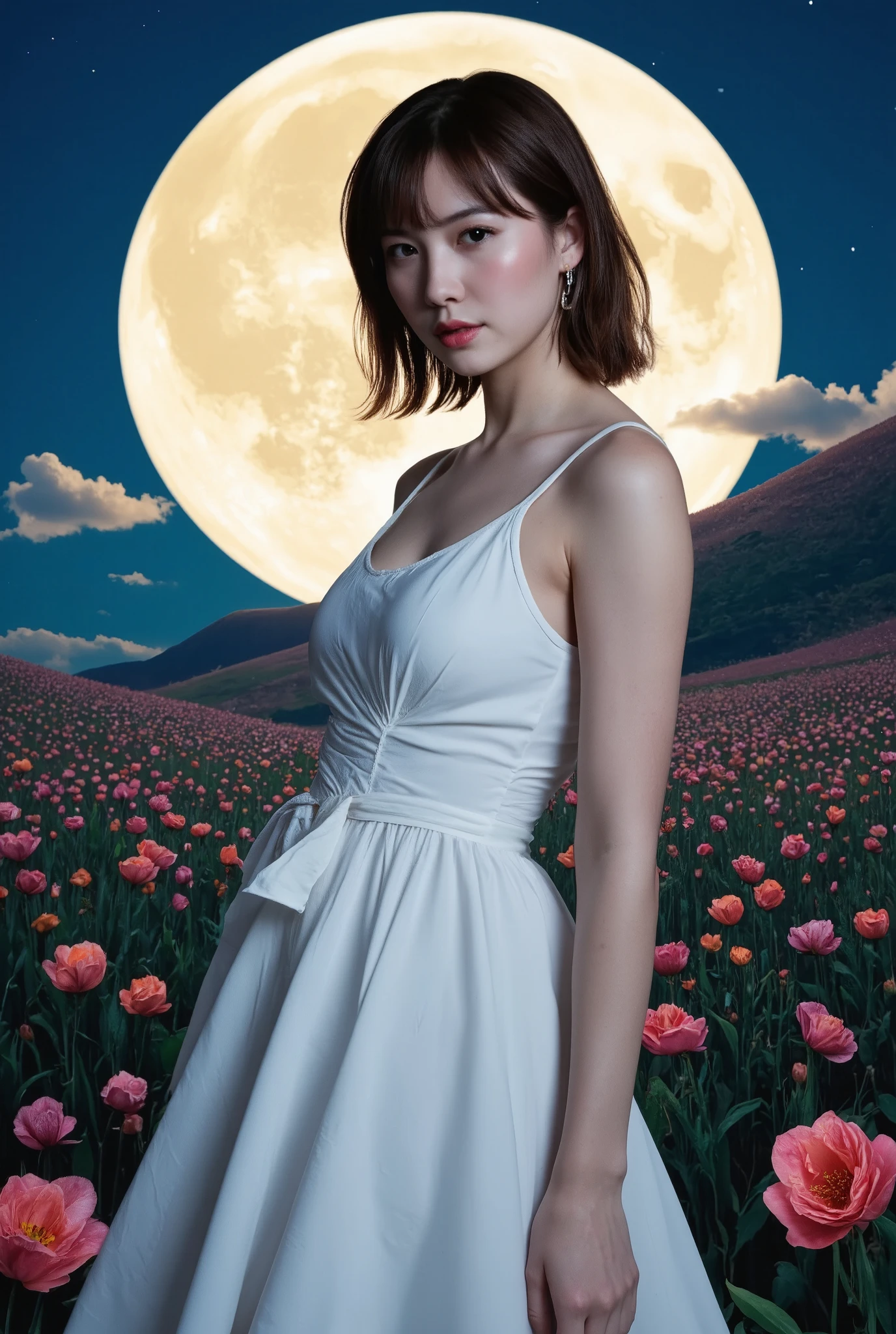 Create an image of a stunning 20-year-old Japanese girl with fair skin stands gracefully in a moonlit flower field. She has medium-length straight hair with parted bangs, and she wears a white summer dress. The background features a stunning patchwork of flowers sprawling across the hills, illuminated by the enchanting glow of a large moon, creating a magical atmosphere.