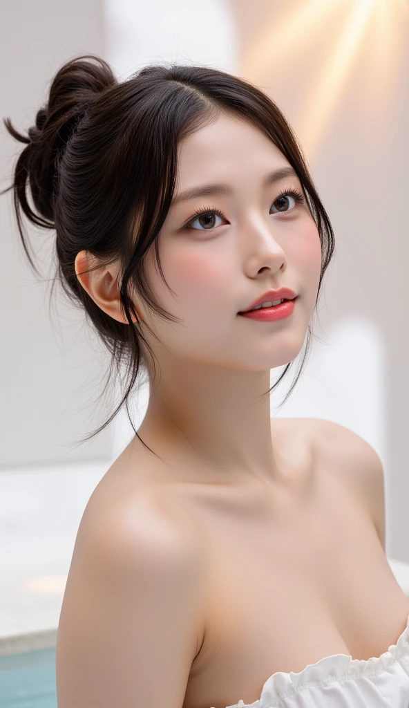 (23 year old Japanese slender beauty), (Small breasts,:1.5,),One person,solo, (masterpiece, High resolution, High detail, Highest quality, Very detailed, Ultra high definition,RAW development), （Textured skin:1.25),(Reality:1.25), ((Ray Tracing,Portrait Photography,)), ((Cinematic light effects,Light from an angle)), ((realism)), ((Surrealism)),8k octane, ((Natural Makeup,Diamond earrings,)), (((Black Hair, Bun Hair, Landscape,mirror,mirrorに写る自分を見る,Peck on the cheek, )))