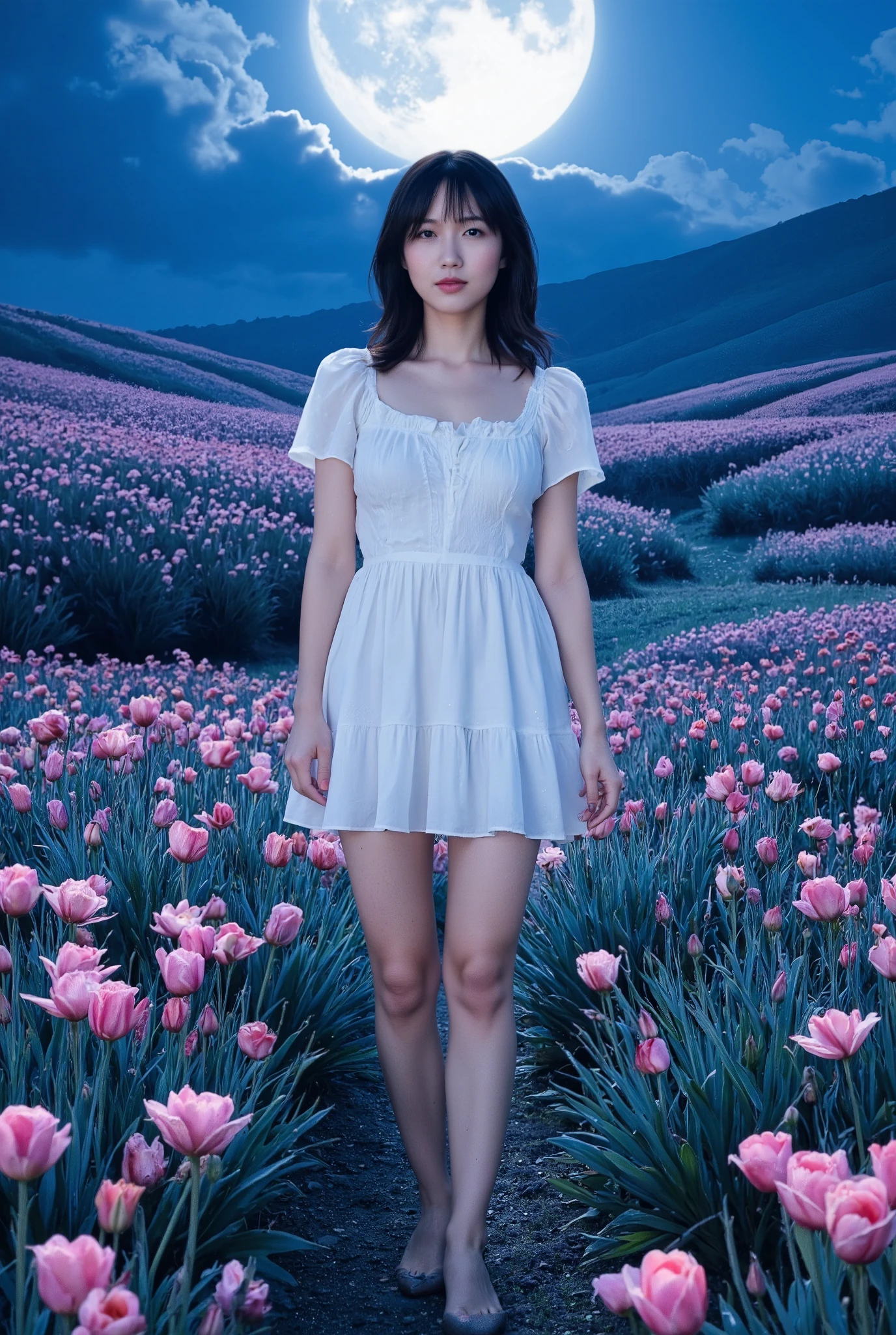 Create an image of a stunning 20-year-old Japanese girl with fair skin stands gracefully in a moonlit flower field. She has medium-length straight hair with parted bangs, and she wears a white summer dress. The background features a stunning patchwork of flowers sprawling across the hills, illuminated by the enchanting glow of a large moon, creating a magical atmosphere.