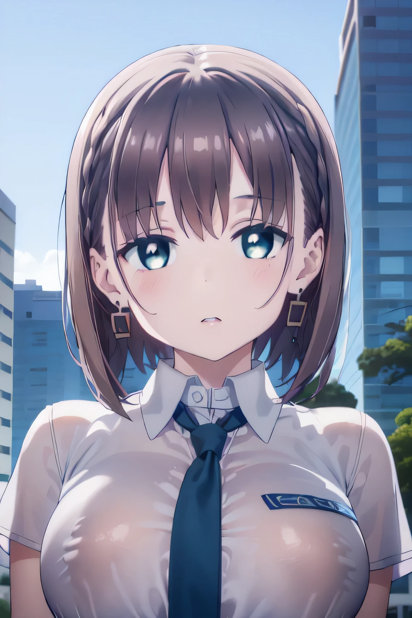 -yeld girschool girl, tawawa, ai, short hair, brown hair, (green eyes:1.3), braid, side braid, skirt, shirt, jewelry, school uniform, white shirt, short sleeves, pleated skirt, earrings, necktie, collared shirt, blue skirt, blue necktie, rest looking at viewer, Upper body, Full Body, rest outdoors, city, sky, rest (걸작:1.2), top quality, high resolution, Unity 8K Wallpaper, (Illustrations:0.8), (Beautiful detailed eyes :1.6), highly detailed face, perfect lighting, highly detailed CG, (perfect hands, perfect anatomy)