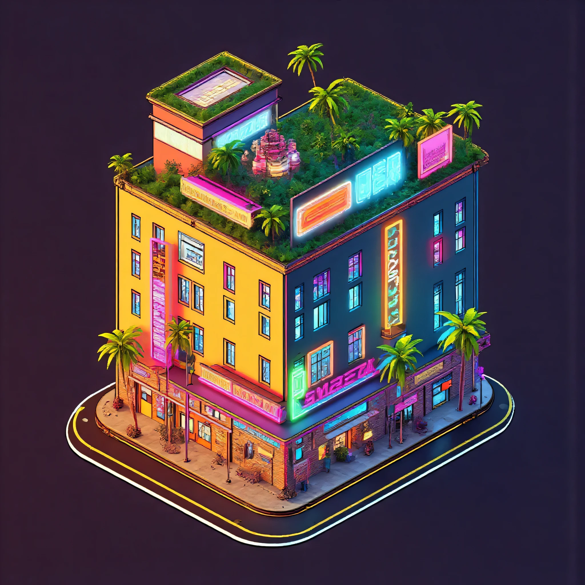 casino with neon signs, summer, palm trees, ISOMETRY
