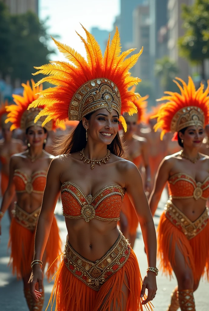 Barranquilla carnival, surrounded by many beautiful carnival women, ((dressed as carnival)), walking through the streets,smile, full body shot, cinematic lighting, from below, Sony FE, 16k, highres, best quality, award winning, high quality, high details, super detail, textured skin, anatomically correct, ccurate, masterpiece, UHD