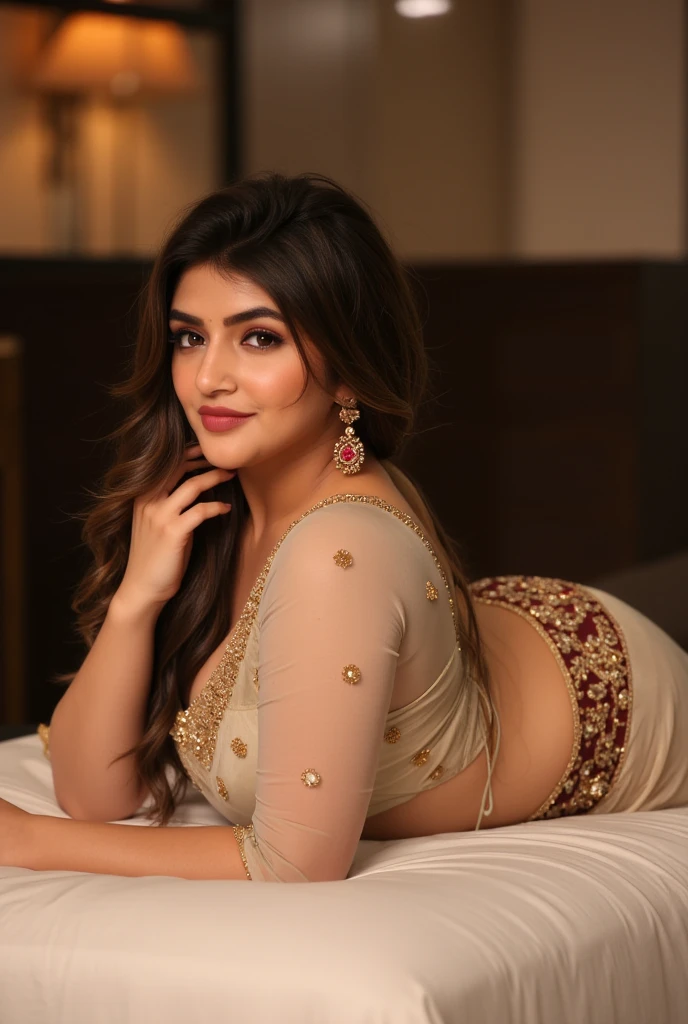 Photo of sonam kapoor, (((full body picture))), ((realistic)), ((hyper realistic)), ((lifelike)),(sharp focus:1.2), attractive woman, (beautiful face:1.1), detailed eyes, luscious lips, pale skin,(messy hair), 30 years old, big body, showing back, big ass
indoors, bedroom, from behind,
(transparent saree),(thong)
(big boobs), (cleavage), (tight abs), (thick hips), (big ass),
4K, HDR, DSLR photoshoot, professional photography, detailed texture.