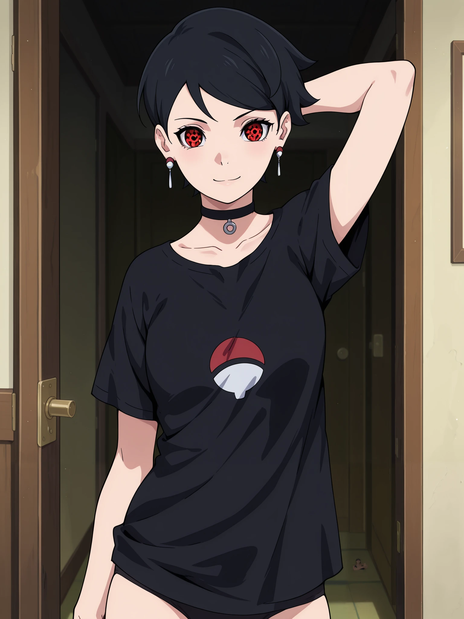 masterpiece, better quality, incredible quality, anime screenshot, 1 , Alone,  Sarada Uchiha, black hair shirt, short hair,  red eyes, toys,  choker, konohagakure symbol, arm behind head,  head turned towards the observer, looking at the viewer,  smile,  mouth shut,  inside the house, sharingan eyes, shirtless, breasts, Black panties 