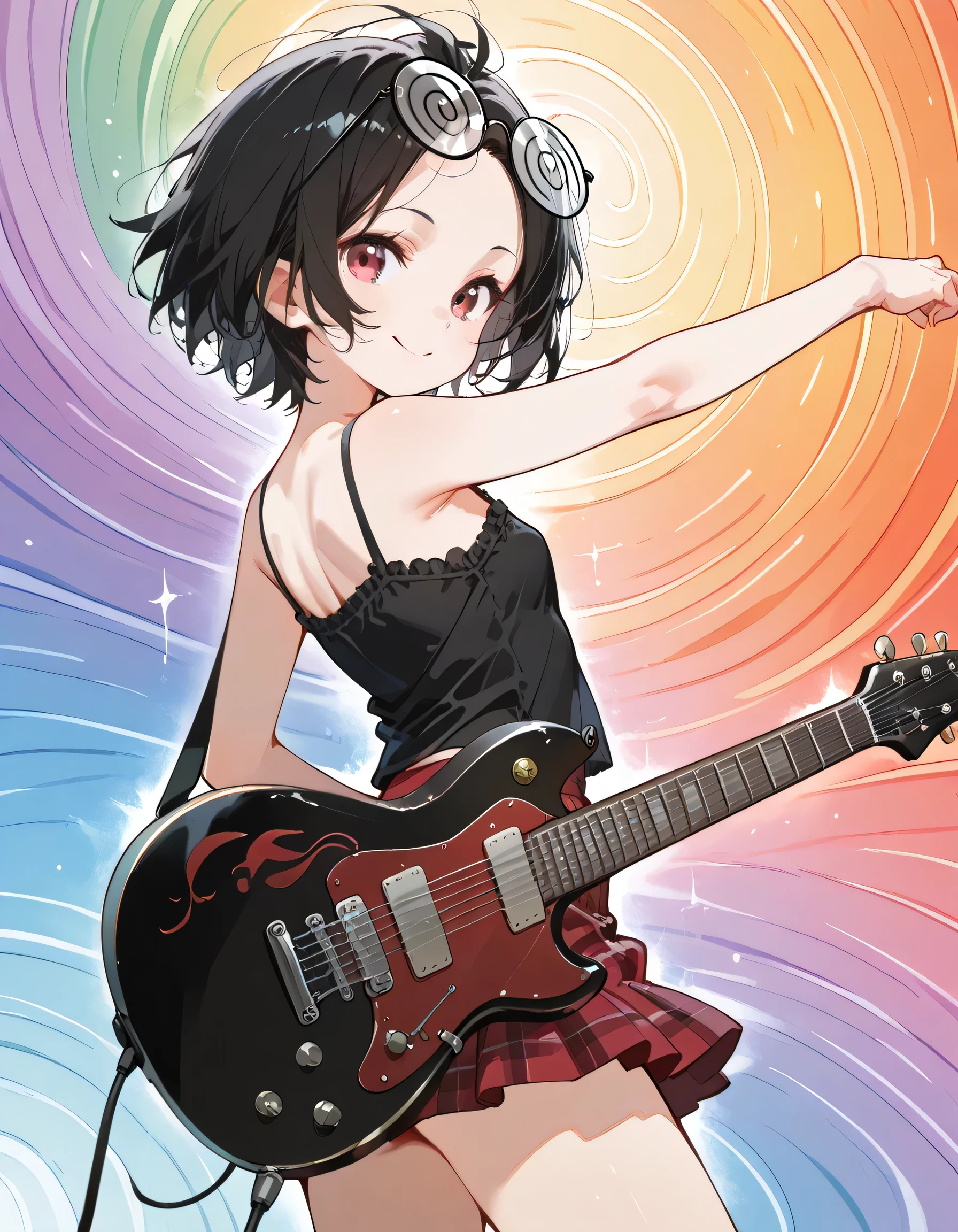 One girl, neko-chan, Colorful Bikinis, Black Hair, Playing electric guitar, Best Shadow, (Highest quality, Amazing details:1.25), brightly colored paintings, Line art