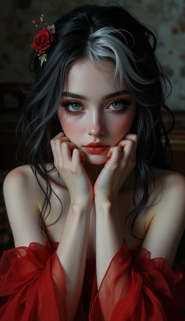 **Gothic Lori Girl, Charming big eyes, Black pupil, Long hair, laying posture, Glamorous red lips, Beauty nevus, Special accessories, Oversized earrings, Fashionable colorful embroidered lace garments, Ultra-glitter manicure, Ring, Wear an oversized bow hair accessory, The girl has a feline on her belly, touching the feline, Unique character design style, laying , view at viewer, Filled with hidden details, Half-body, Bright color, Glitter powder, shine, Light perception, Light beam, Luminescence, Light and shadow, Very meticulous, High resolution, Overflowing with brilliance, Colorful neon, Visual kei, Graffiti, Show off cool, Cyber punk style, Small scene, Realism, Sparkle, Abstract, Illustration, high details, UHDin the style of hyper realisticphotography