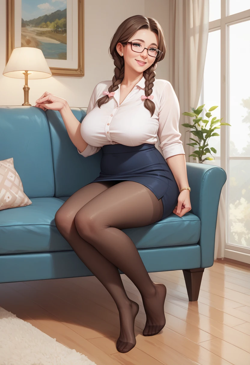 1girl, solo, realistic caramel long hair, hair bobbles, longeyelashes, realistic blue eyes, Surrealism, drop shadow, tachi-e, pov, 8k, super detail, best quality, UHD, masterpiece, anatomically correct, award winning, highres, 1080P, HD, 4K, 8k, realistic, ultra-realistic, full body, realistic big breasts, all buttons shirt opened, no bra, spread legs,