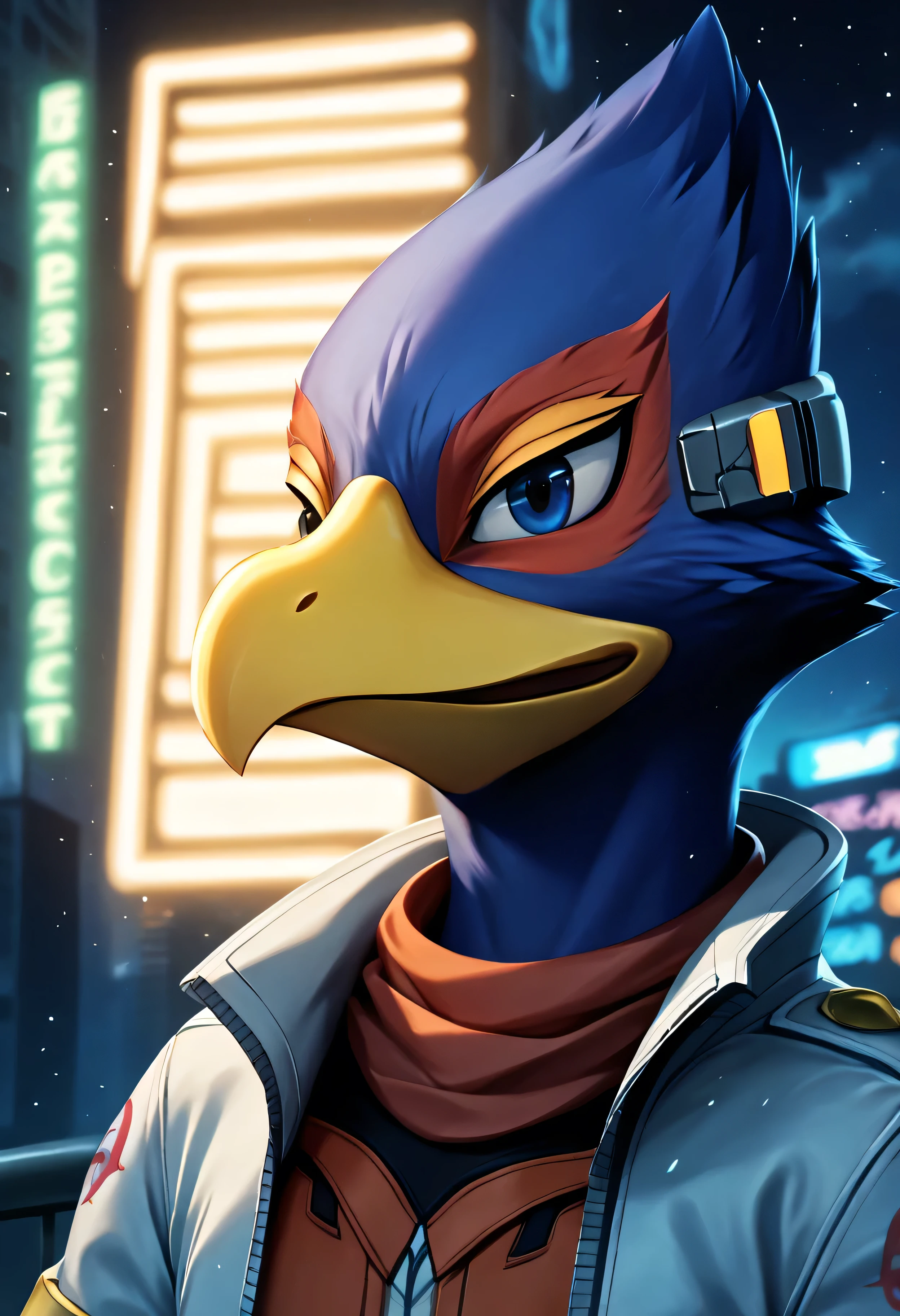 score_9, score_8_up , score_7_up , (Alone), (Best Quality:1.2), (8K BEST IMAGE), (correct anatomy), (((One and only person ))),  8K, official art, (Super Detail), (Falco Lombardi:1.5), Boy bird, cool,  kind, friendly, (Future city background at night), (mysterious environment with neon lights), natural light, character focus, character close-up, detailed face, detailed clothes, depth of field, perfect lighting for the background, ( top view), (oblique frontal view), sharp focus, Extremely Great Art,  Closeup of a Man Wearing Persona Art , Very Eye Catching Art, anime art, (perfect anatomy)