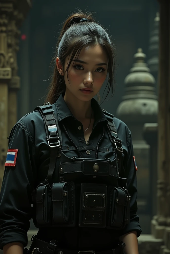 Young girl army shirt, (sweet smile), ultra high resolution, (top quality, masterpiece, intricate details), (detailed gloves, detailed fingers), (detailed face), (fashion photography portrait), professional lighting, ((shot whole body)), (wearing a black racing suit like an army uniform), (striped green mecha shirt), (wearing a military harness), ((hand holding an Ak-47:1.4 rifle)), (headphones and military helmet) , ((NSFW)), (sexy:1.2) facing forward, ((big breasts)), (looking towards the audience:1.2), 1 girl, ponytail hair, (curvy), narrow waist, (army shirt :1.3)