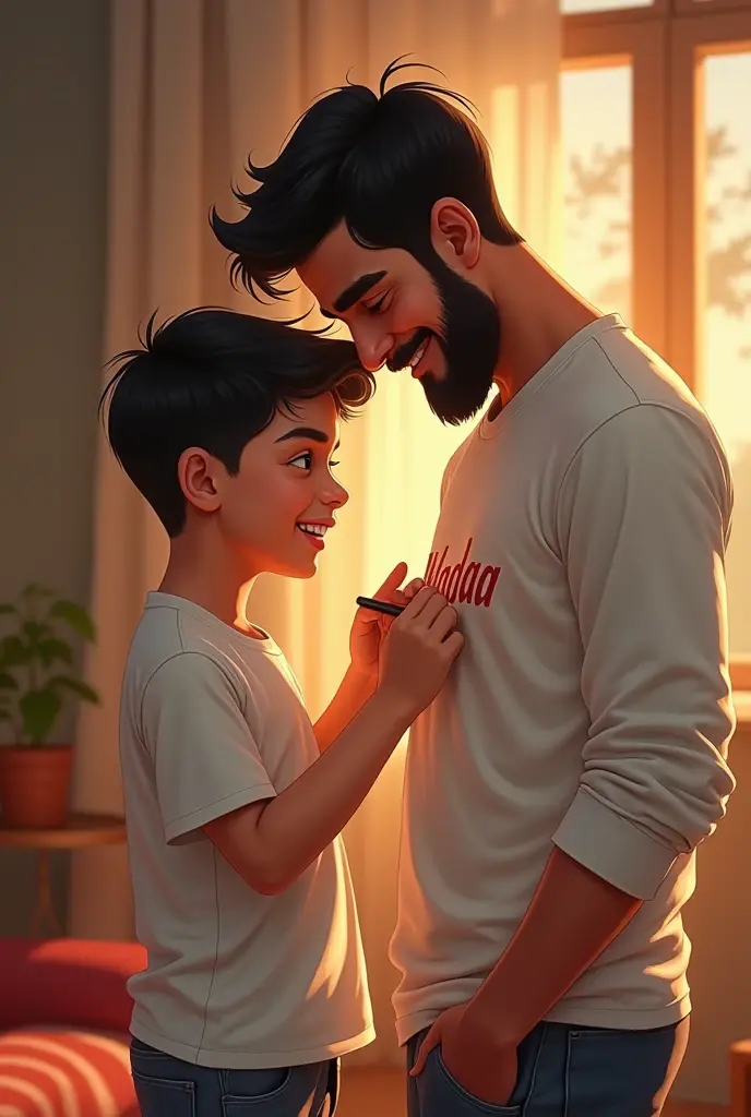 Father with son write name on our shirts  name son name: WAQAS
Father name :DADA