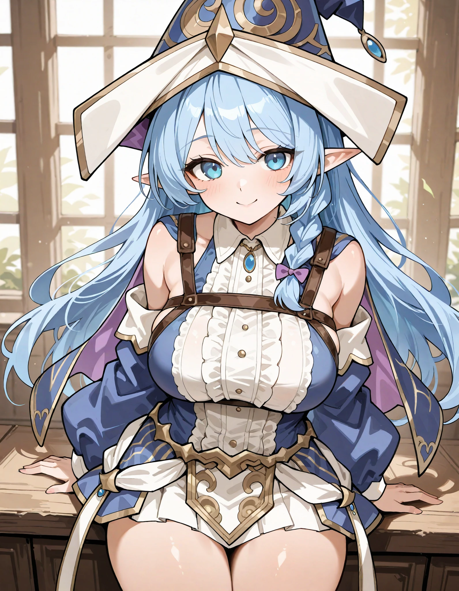 Water Enchantress of the Temple Blue Hair, Light Blue Eyes, Pointed Ears, Pretty Witch Hat, Harness Skirt, Detachable Sleeves, Mini Skirt, Beautiful Breasts, Love, Smile